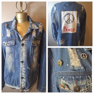 Rolling Paper Upscaled Statement Jean Jacket With Hand Painted Peace Sign Patch